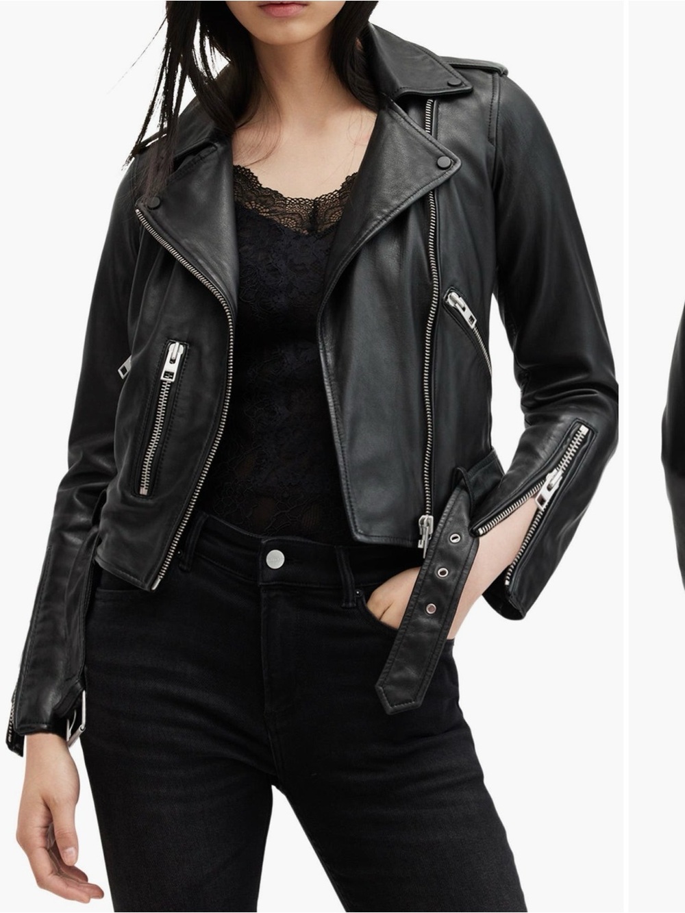 All Saints Balfern Leather Biker Jacket with Zip Pockets